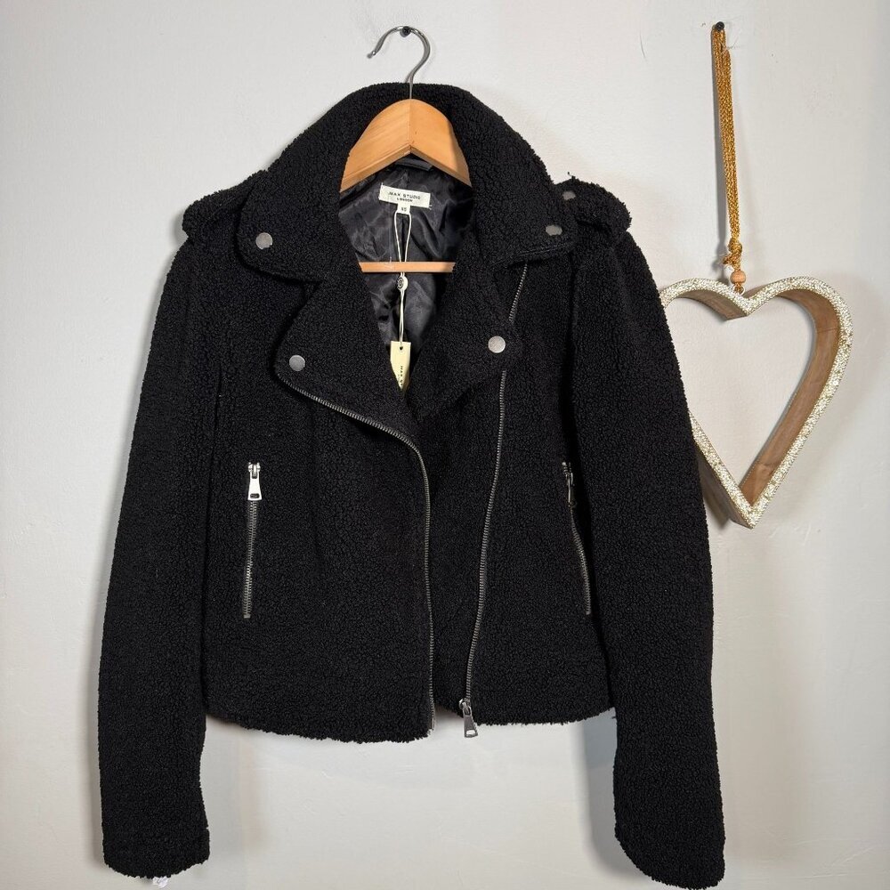 Max Studio Womens Utilitarian Moto Cropped Plush Faux Shearling Jacket XS Black - Picture 2 of 11